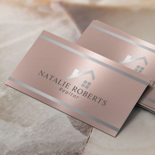 Modern House Logo Real Anwesen Realtor Rose Gold Visitenkarte
