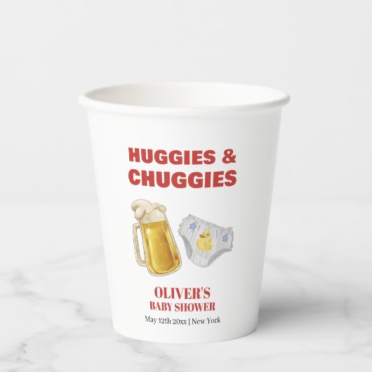 Modern Huggies Chuggies Beer Diaper Baby Shower  Pappbecher (Vorderseite)