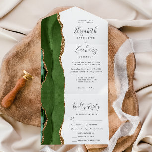 Modern Hunter Green Gold Agate Meal Choice Hochzei All In One Einladung