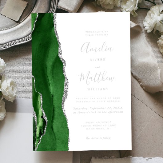Modern Hunter Green Silver Agate Wedding Folieneinladung