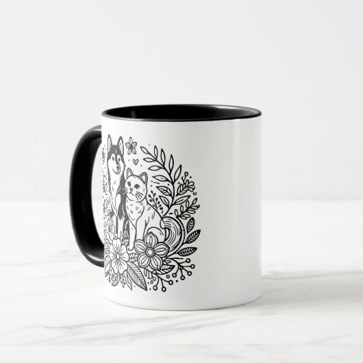 Modern Husky and Cat Line Art Tasse (Vorderseite Links)