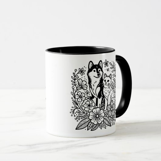 Modern Husky and Cat Line Art Tasse (VorderseiteRechts)