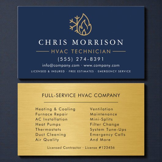 Modern HVAC Navy Blue Gold Logo Visitenkarte