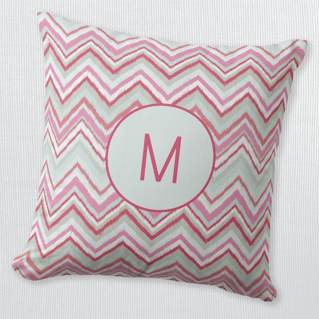 Modern Ikat Chevron Stripe Monogram Initial Kissen (Modern Ikat zigzag chevron pattern monogram initial personalized pastel green pink throw pillow)