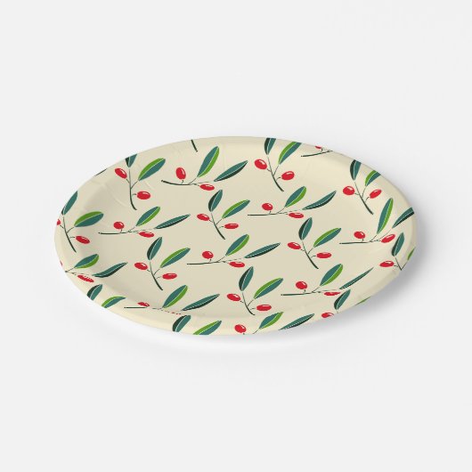 Modern Illustrated Red Berries Pattern Pappteller (Schrägansicht)