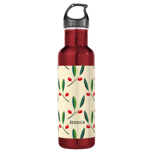 Modern Illustrated Red Berries Pattern Personalise Edelstahlflasche (Vorderseite)