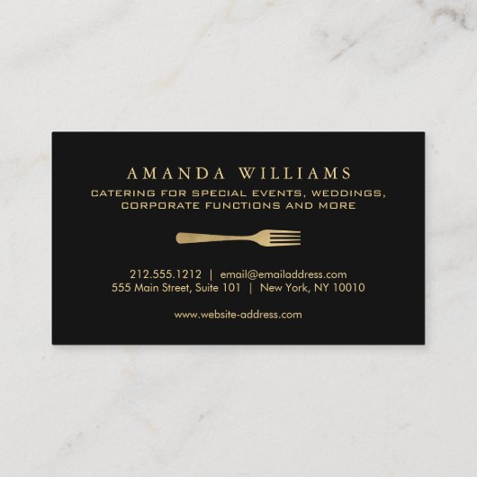 Modern Imitate Gold Gabel Catering Logo auf Black Visitenkarte (Rückseite)