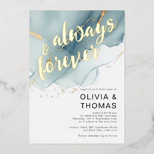 Modern immer für immer Blue Romantic Beach Hochzei Folieneinladung (Vorderseite)