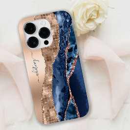 Modern Indigo Blue Agate & Rose Gold Confetti Leaf Case-Mate iPhone 14 Pro Hülle