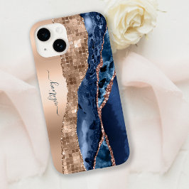 Modern Indigo Blue Agate & Rose Gold Confetti Leaf Case-Mate iPhone 14 Hülle