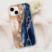 Modern Indigo Blue Agate & Rose Gold Confetti Leaf Case-Mate iPhone Hülle