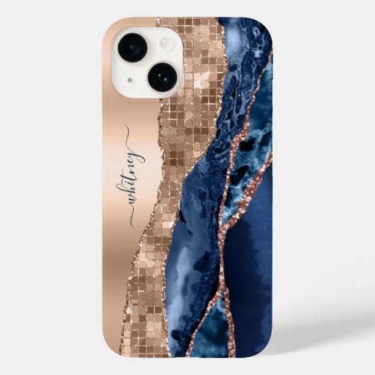 Modern Indigo Blue Agate & Rose Gold Confetti Leaf Case-Mate iPhone Hülle (Rückseite)