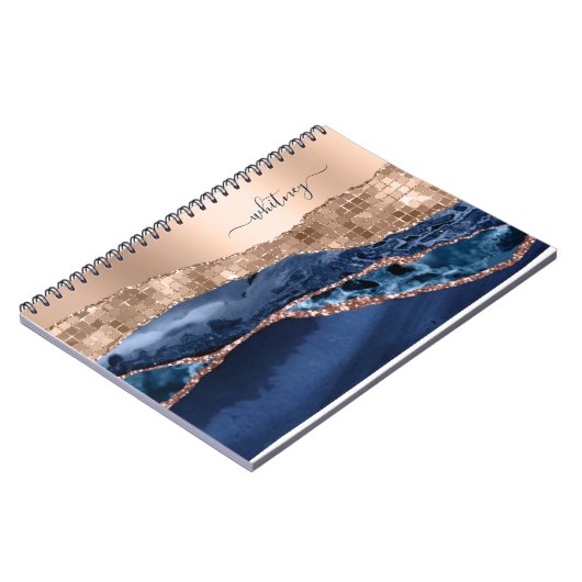 Modern Indigo Blue Agate & Rose Gold Confetti Leaf Notizblock (Linke Seite)