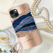 Modern Indigo Blue Agate & Rose Gold Glitzer