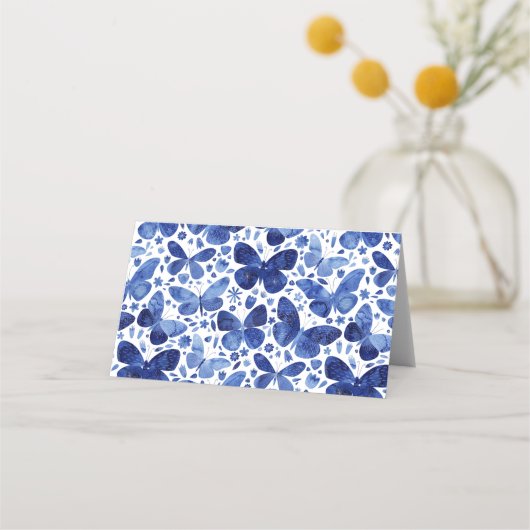 Modern Indigo Blue Watercolor Butterfly Platzkarte (Rückseite)