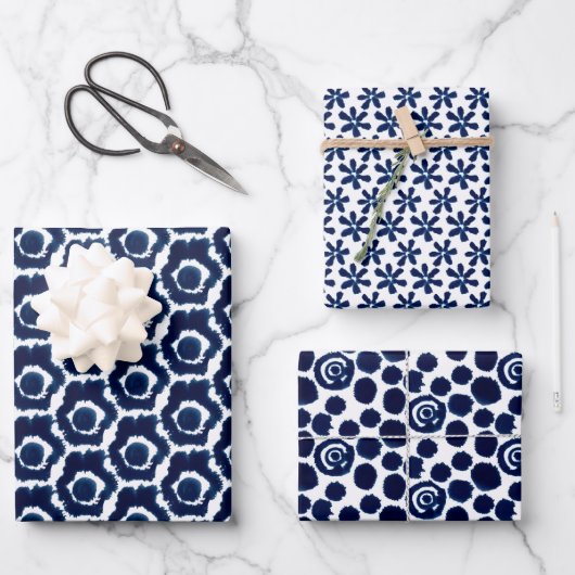 Modern Indigo Navy Shibori Muster Wrapping Sheets Geschenkpapier Set (Vorderseite)