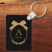 Modern Initial Black and Gold Chic Bow Monogram Schlüsselanhänger (Rückseite)