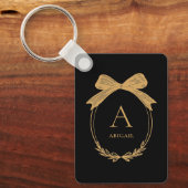 Modern Initial Black and Gold Chic Bow Monogram Schlüsselanhänger (Vorderseite)