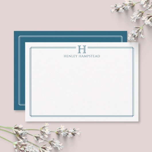 Modern Initial Patina Blue Border Stationery Mitteilungskarte