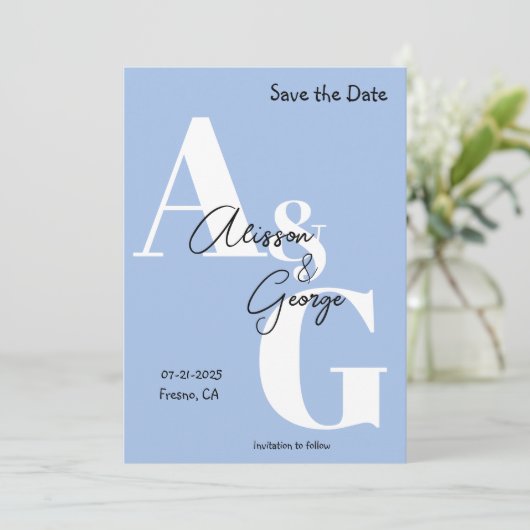 Modern Initials Blue Foto Save The Date (Stehend Vorderseite)
