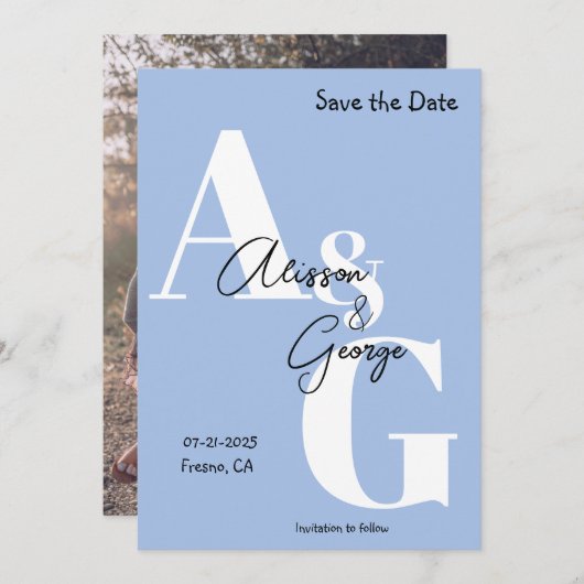 Modern Initials Blue Foto Save The Date (Vorne/Hinten)