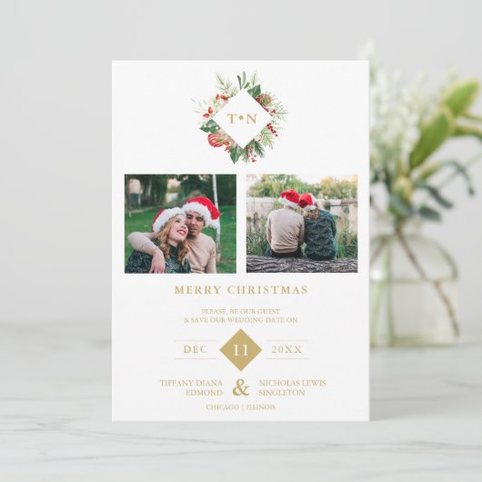 Modern Initials Floral Christmas Wreath 2 Photos Save The Date (Stehend Vorderseite)