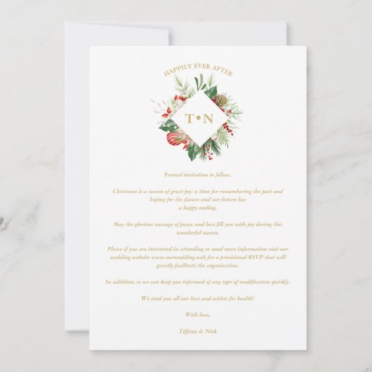 Modern Initials Floral Christmas Wreath 2 Photos Save The Date (Rückseite)