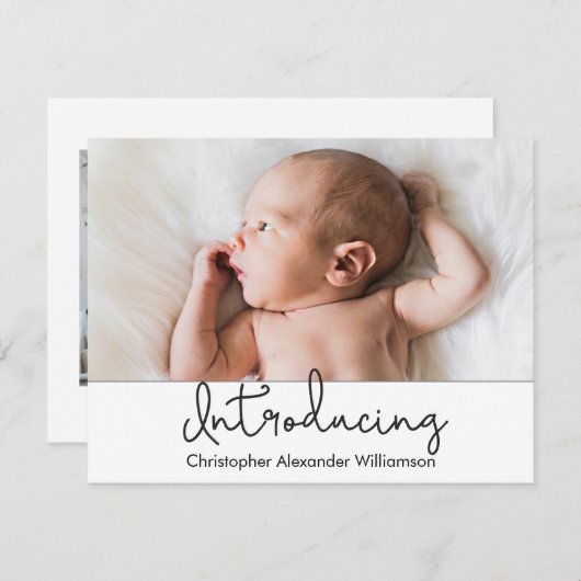 Modern Introducing Script Baby Boy Foto Einladung (Vorne/Hinten)