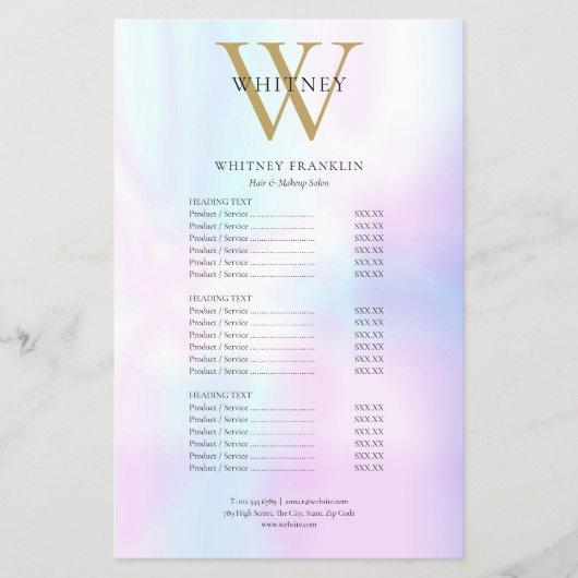 Modern Iridescent Monogram Salon Service Menu Flyer (Vorne)
