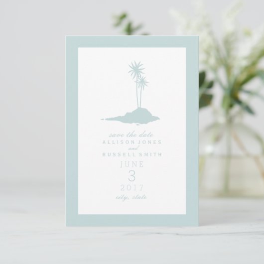 Modern Island Beach Wedding Save the Date - Blue (Stehend Vorderseite)