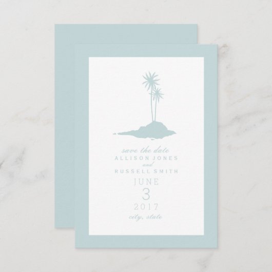 Modern Island Beach Wedding Save the Date - Blue (Vorne/Hinten)