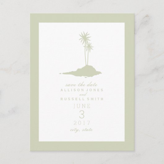 Modern Island Beach Wedding Save the Date - Green Ankündigungspostkarte (Vorderseite)