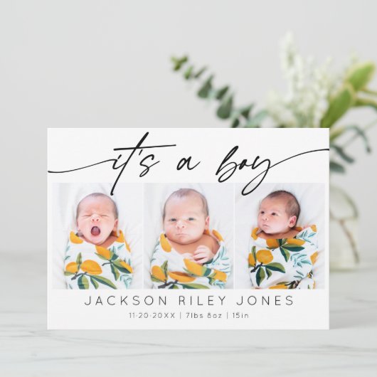 Modern ist es ein Baby Neugeborener 3 Foto Collage Ankündigung (Stehend Vorderseite)