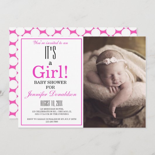 Modern ist es ein Mädchen! Rosa Foto Babydusche Einladung (Vorne/Hinten)