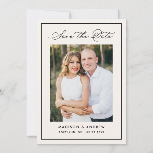 Modern Ivory Border Script Photo Wedding Save The Date (Vorderseite)