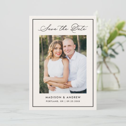Modern Ivory Border Script Photo Wedding Save The Date (Stehend Vorderseite)