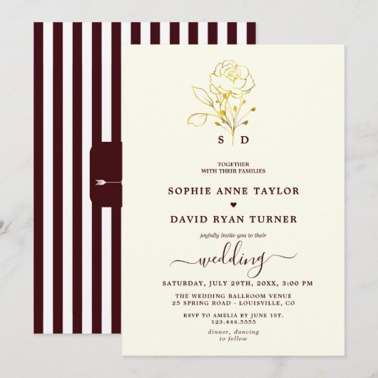 Modern Ivory Deep Burgundy Monogram Wedding Einladung (Vorne/Hinten)