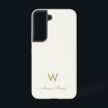 Modern Ivory Gold Script Monogram Samsung Galaxy Hülle<br><div class="desc">Ein modernes,  elegantes Monogramm-Design mit handgeschriebener,  minimalistischer Schrifttyp-Schrift und Sans Serif Block Typografie auf einem eleganten,  pastellfarbenen Elfenbeinhintergrund. Das Monogramm und der Name können leicht personalisiert werden.</div>