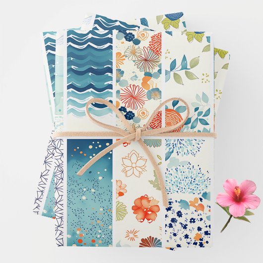 Modern Japanese Indigo Pattern Collage Sampler Geschenkpapier Set