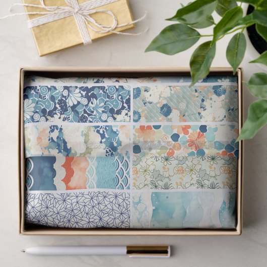 Modern Japanese Indigo Pattern Collage Sampler Seidenpapier