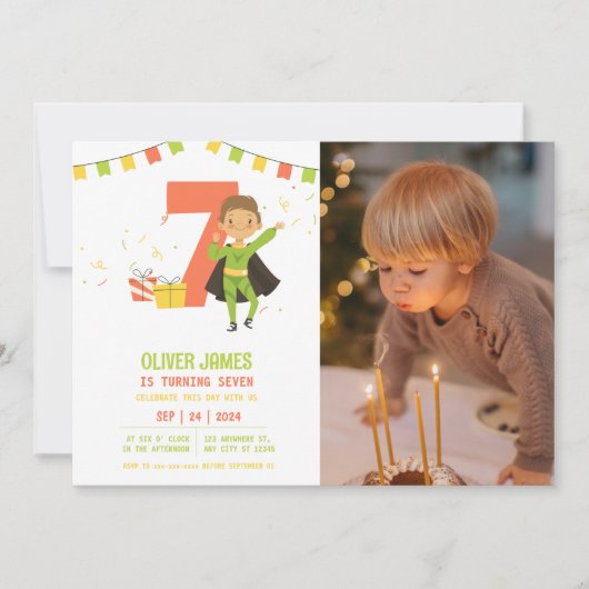 Modern, jedes Alter Superhero Junge Foto Geburtsta Einladung (Vorderseite)