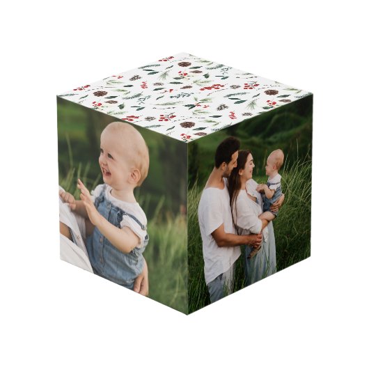 Modern Jodern Red Berry Botanical Christmas 3 Foto Würfel (Rückseite Schrägansicht)