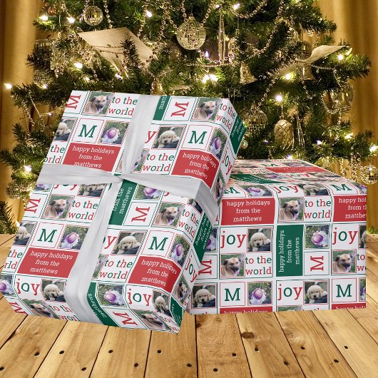 Modern JOY Red Green und White 3 Foto Collage Geschenkpapier