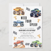 Modern Kids Monster Trucks 4. Geburtstag Party Einladung (Vorderseite)
