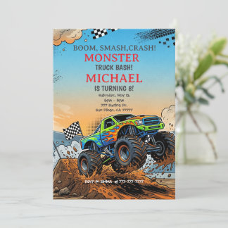 Modern Kids Monster Trucks Birthday Party Einladung