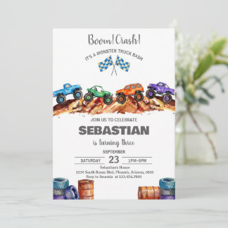 Modern Kids Monster Trucks Birthday Party Einladung