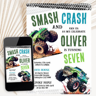 Modern Kids Monster Trucks Birthday Party Einladung