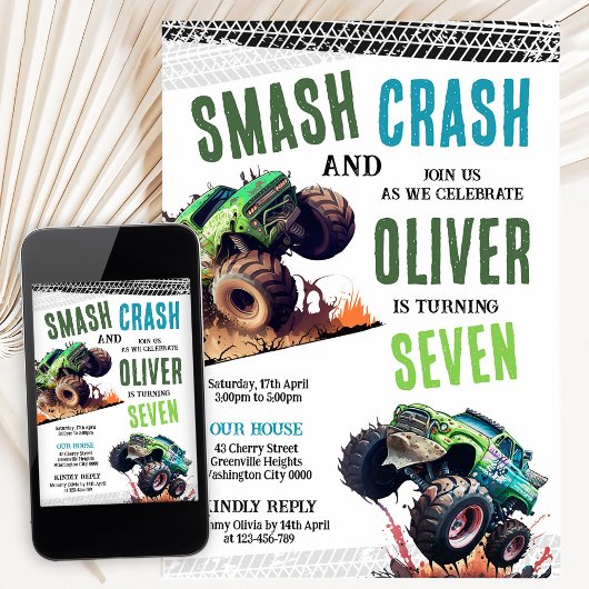 Modern Kids Monster Trucks Birthday Party Einladung