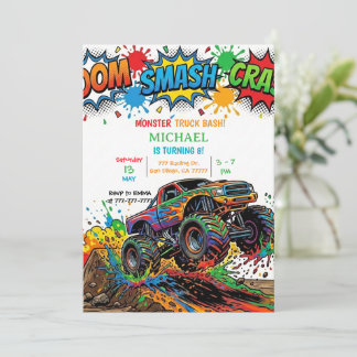 Modern Kids Monster Trucks Birthday Party Einladung