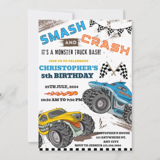 Modern Kids Monster Trucks Geburtstag Einladung (Vorderseite)